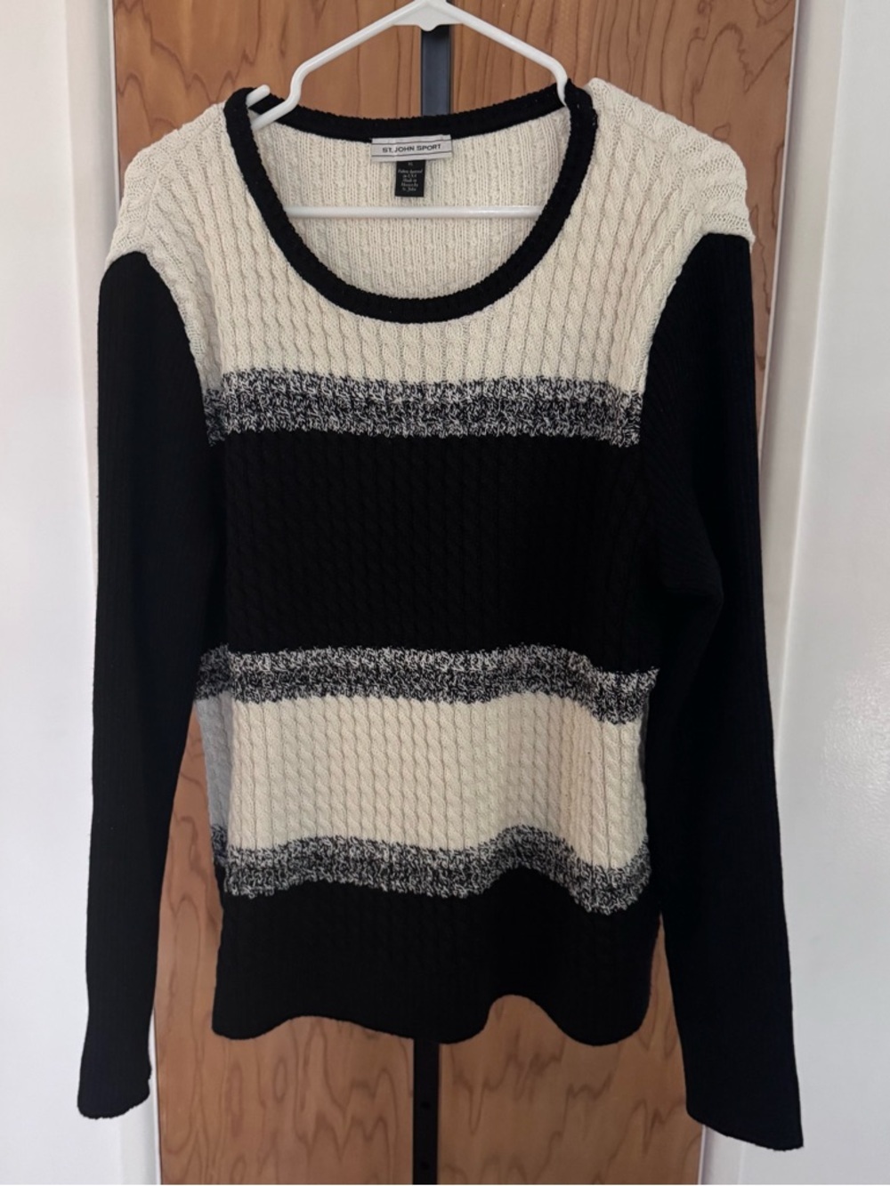 St John Sport Black & Cream Cable Knit Sweater long sleeve women XL